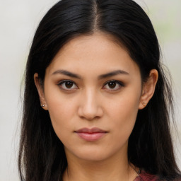 Neutral asian young-adult female with long  brown hair and brown eyes