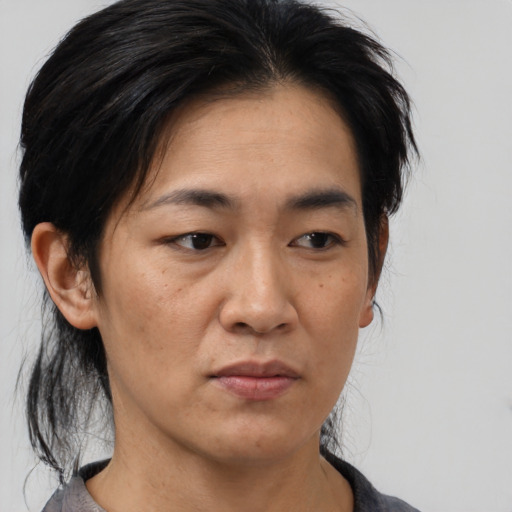 Neutral asian adult female with medium  black hair and brown eyes