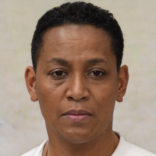 Neutral black adult male with short  brown hair and brown eyes