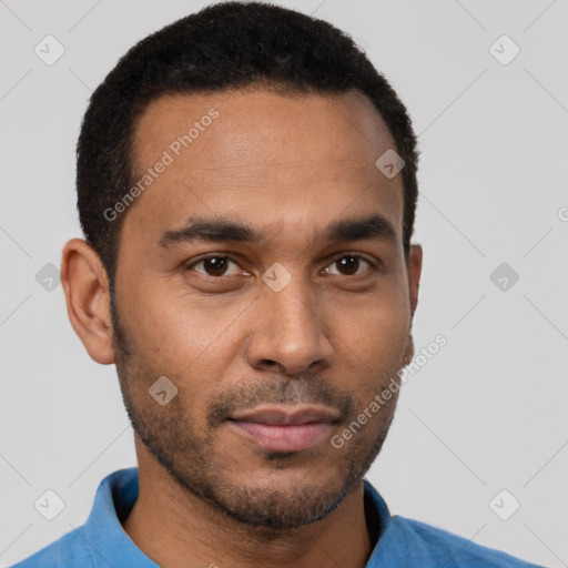 Neutral black young-adult male with short  black hair and brown eyes