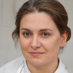 Joyful white adult female with medium  brown hair and brown eyes