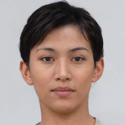 Neutral asian young-adult female with short  brown hair and brown eyes