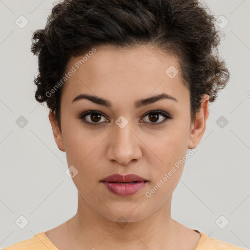 Neutral white young-adult female with short  brown hair and brown eyes