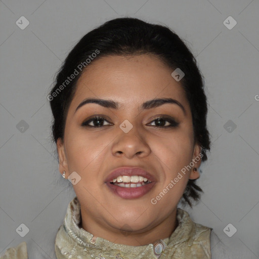 Joyful latino young-adult female with medium  black hair and brown eyes