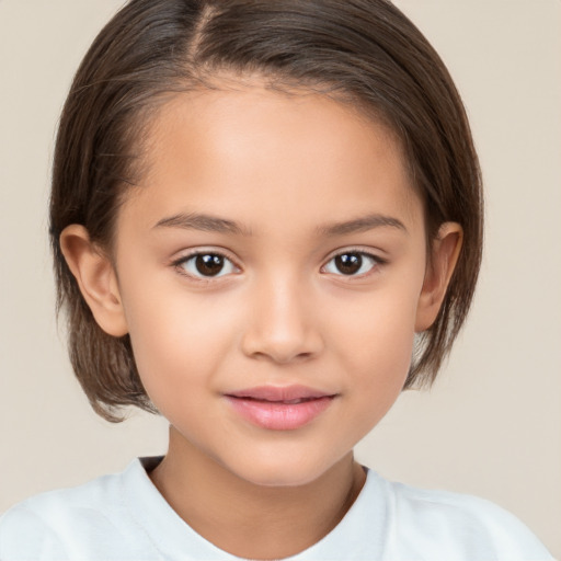 Joyful white child female with medium  brown hair and brown eyes