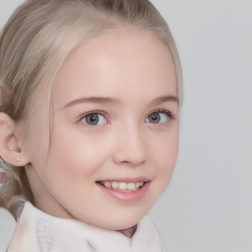 Joyful white child female with medium  blond hair and brown eyes