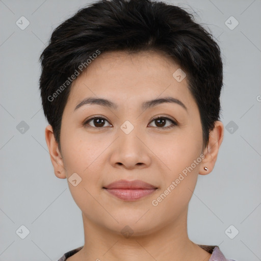 Joyful asian young-adult female with short  brown hair and brown eyes