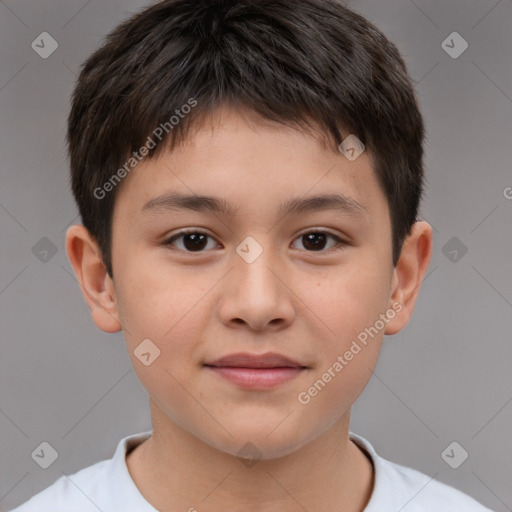 Joyful white child male with short  brown hair and brown eyes