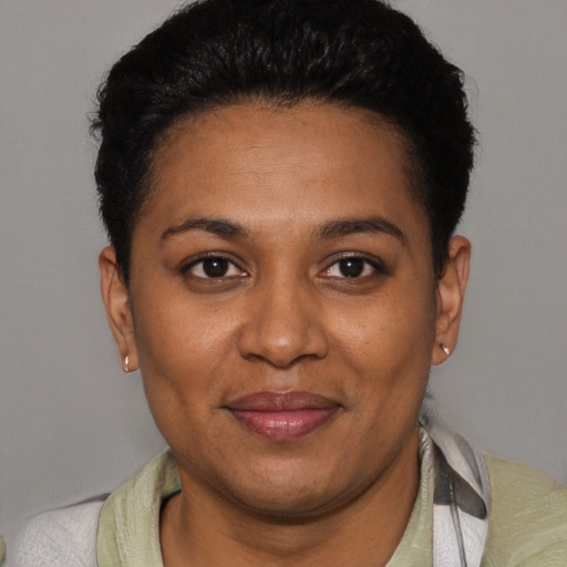 Joyful black young-adult female with short  black hair and brown eyes