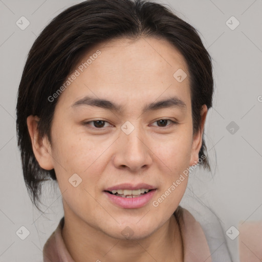 Joyful white young-adult female with medium  brown hair and brown eyes