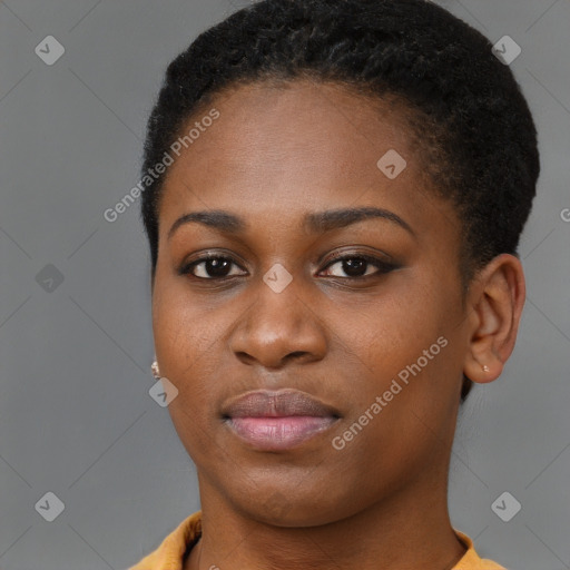 Neutral black young-adult female with short  brown hair and brown eyes