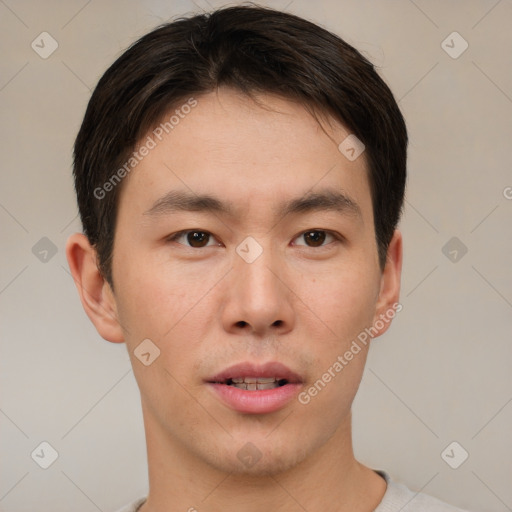 Neutral asian young-adult male with short  brown hair and brown eyes