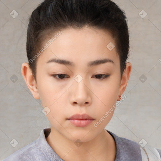 Neutral asian young-adult female with short  brown hair and brown eyes