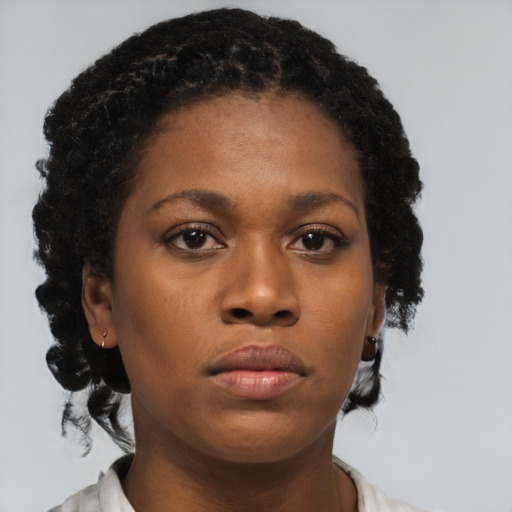 Neutral black young-adult female with medium  brown hair and brown eyes