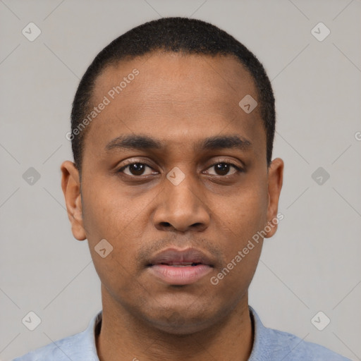 Neutral black young-adult male with short  black hair and brown eyes