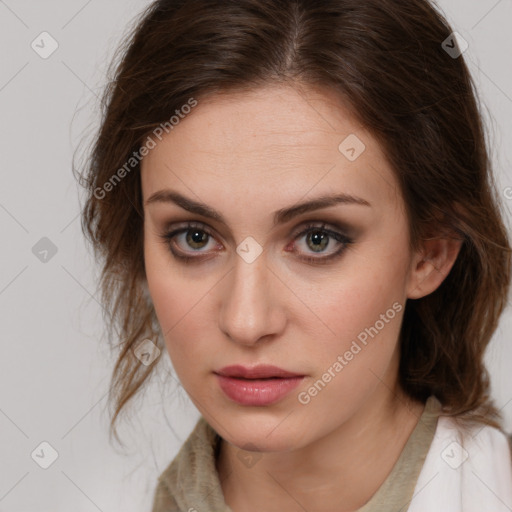 Neutral white young-adult female with medium  brown hair and brown eyes