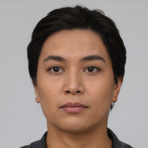 Neutral asian young-adult female with short  black hair and brown eyes