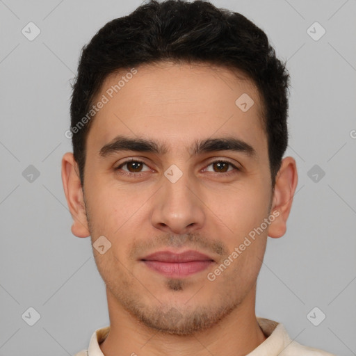 Joyful white young-adult male with short  brown hair and brown eyes