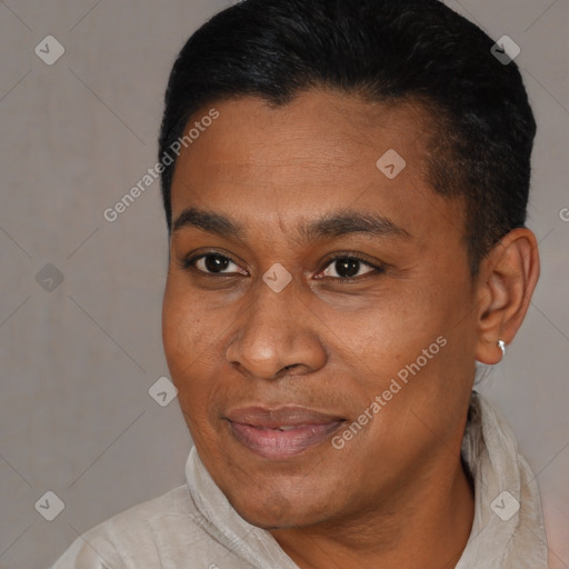 Joyful black young-adult male with short  black hair and brown eyes