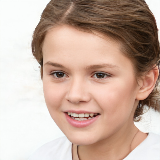 Joyful white child female with medium  brown hair and brown eyes