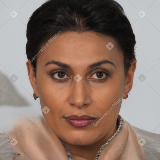 Joyful latino young-adult female with short  brown hair and brown eyes