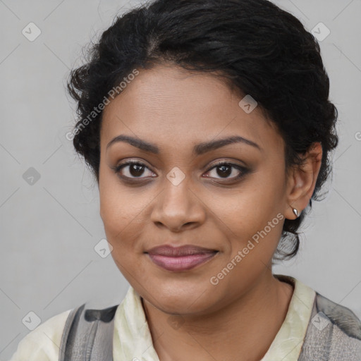 Joyful latino young-adult female with medium  black hair and brown eyes