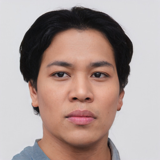 Neutral asian young-adult male with short  black hair and brown eyes