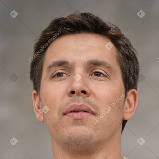 Neutral white adult male with short  brown hair and brown eyes