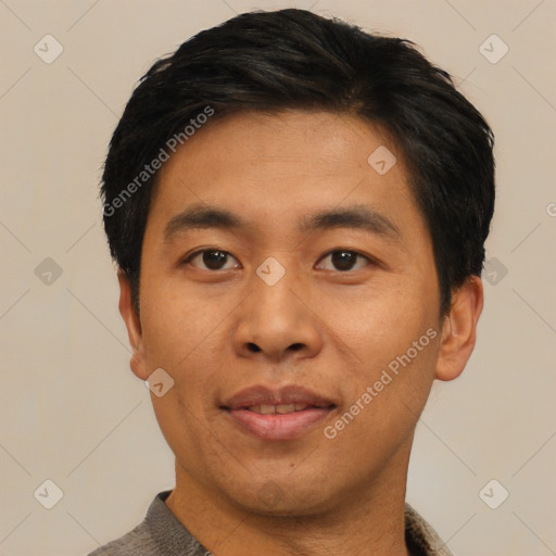 Neutral asian young-adult male with short  black hair and brown eyes