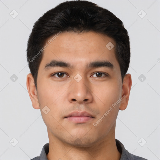 Neutral asian young-adult male with short  black hair and brown eyes