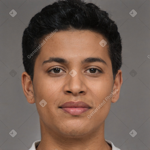 Joyful latino young-adult male with short  black hair and brown eyes