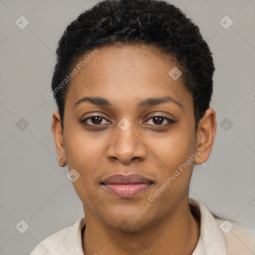 Joyful latino young-adult female with short  black hair and brown eyes