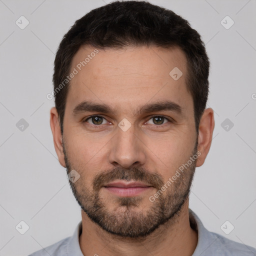 Neutral white young-adult male with short  brown hair and brown eyes