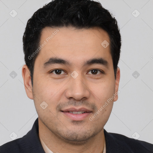 Joyful white young-adult male with short  black hair and brown eyes