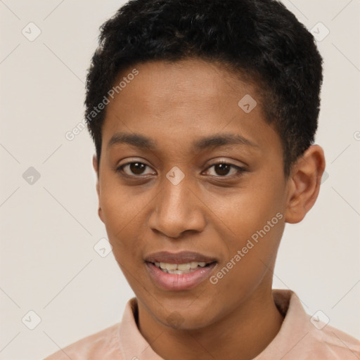 Joyful latino young-adult female with short  black hair and brown eyes