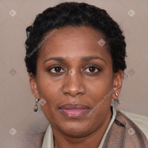 Joyful black adult female with short  brown hair and brown eyes