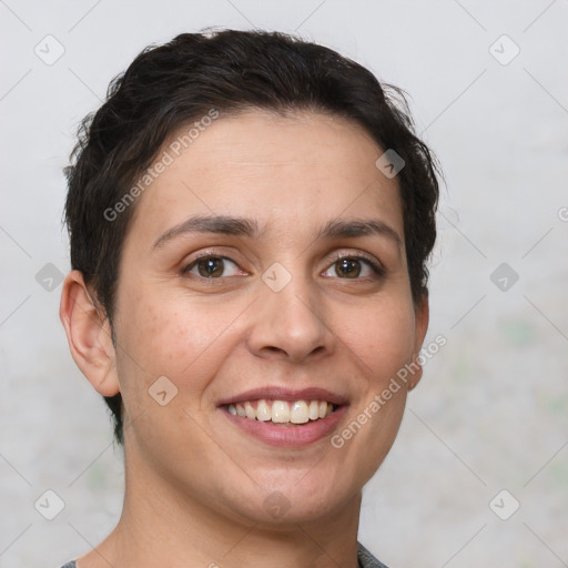 Joyful white young-adult female with short  brown hair and brown eyes