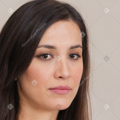 Neutral white young-adult female with long  brown hair and brown eyes