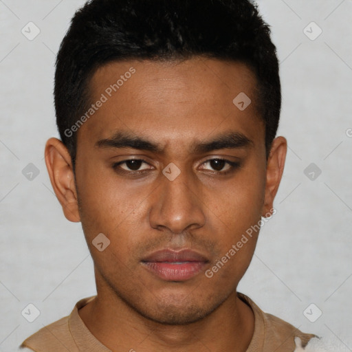 Neutral latino young-adult male with short  brown hair and brown eyes