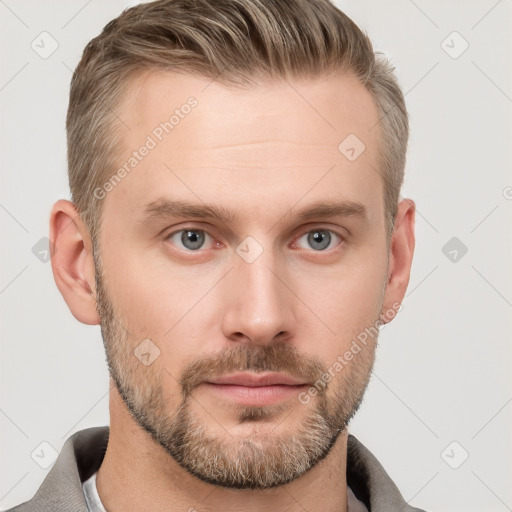 Neutral white young-adult male with short  brown hair and grey eyes