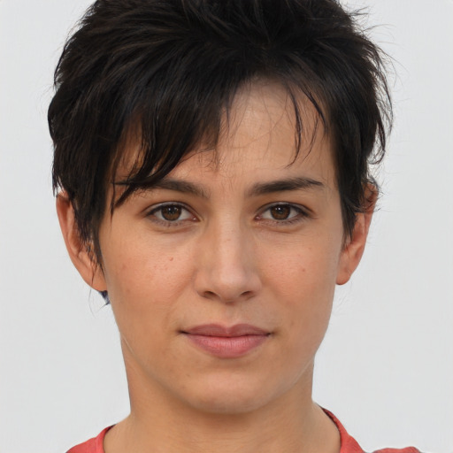 Joyful white adult female with short  brown hair and brown eyes