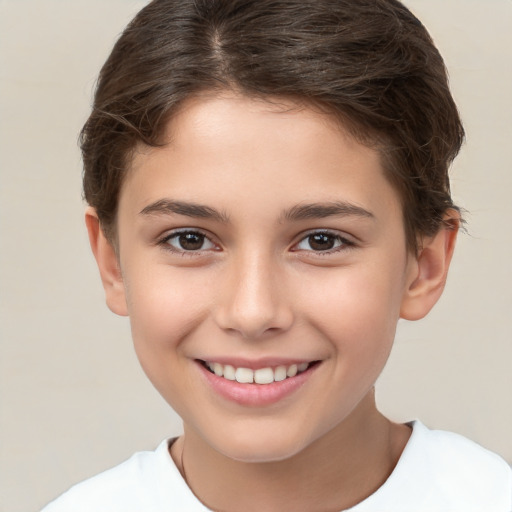 Joyful white child female with short  brown hair and brown eyes