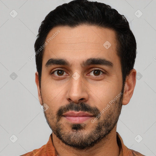 Neutral latino young-adult male with short  black hair and brown eyes