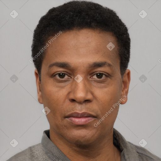 Neutral latino adult male with short  black hair and brown eyes