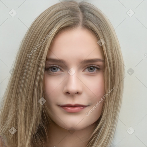 Neutral white young-adult female with long  brown hair and brown eyes