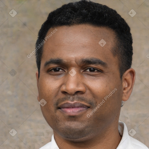 Neutral black young-adult male with short  black hair and brown eyes