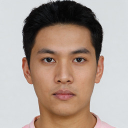 Neutral asian young-adult male with short  black hair and brown eyes