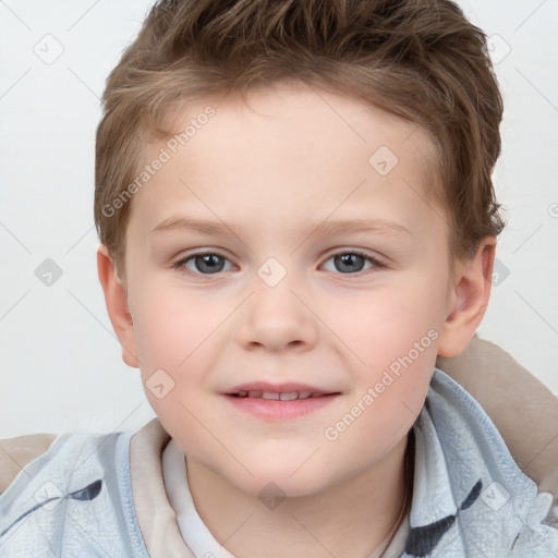 Joyful white child male with short  brown hair and brown eyes