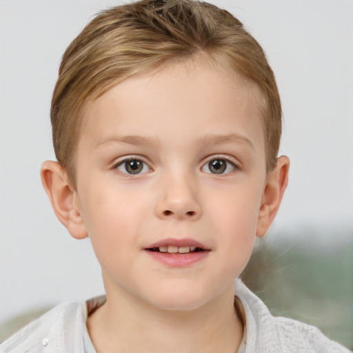 Joyful white child female with short  brown hair and brown eyes