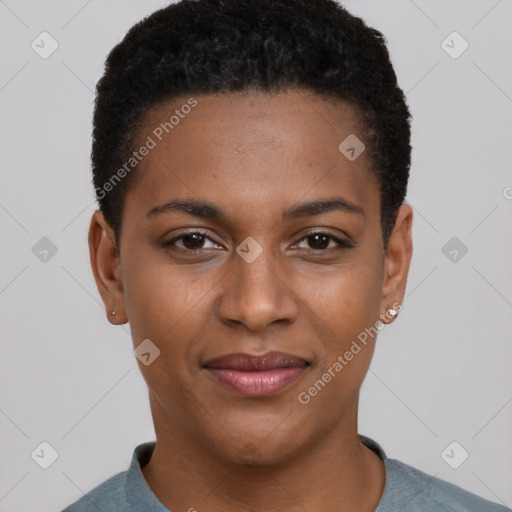 Joyful black young-adult female with short  brown hair and brown eyes